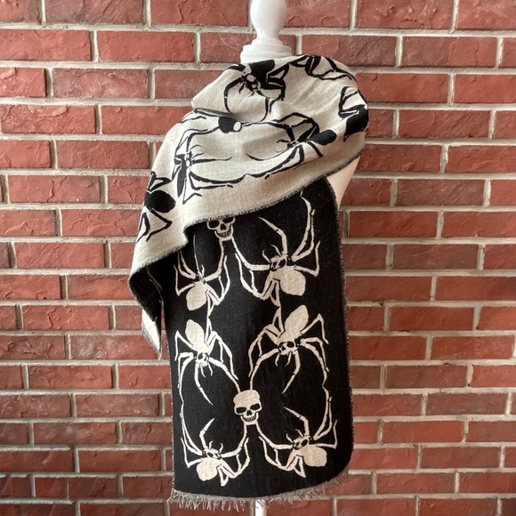 The Kooples Skull-Spider Wool Cotton Unique Rare Scarf 14”x78”Made in Italy - Picture 2 of 10